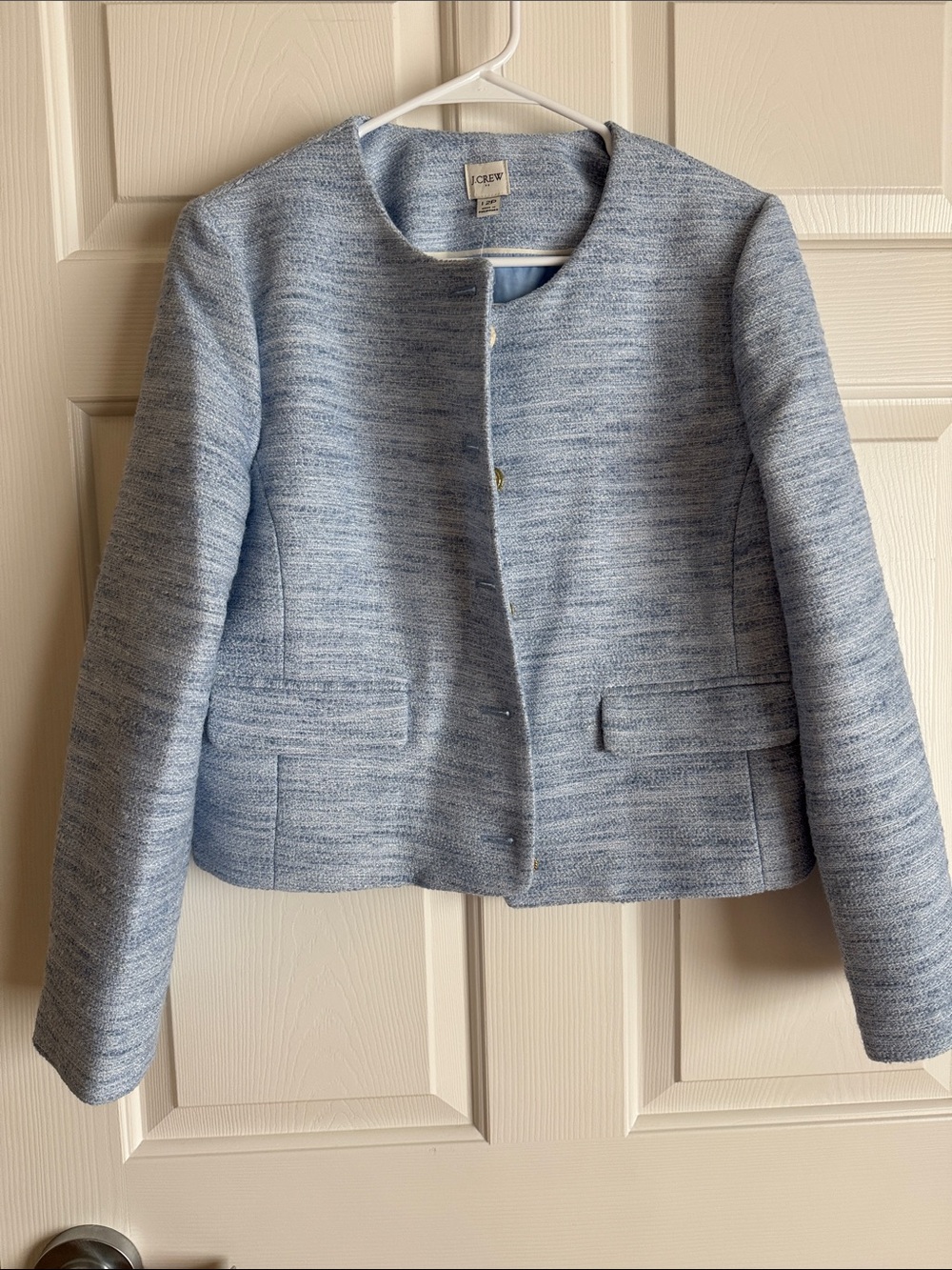 J. Crew Factory Light Blue Tweed Collarless Blazer